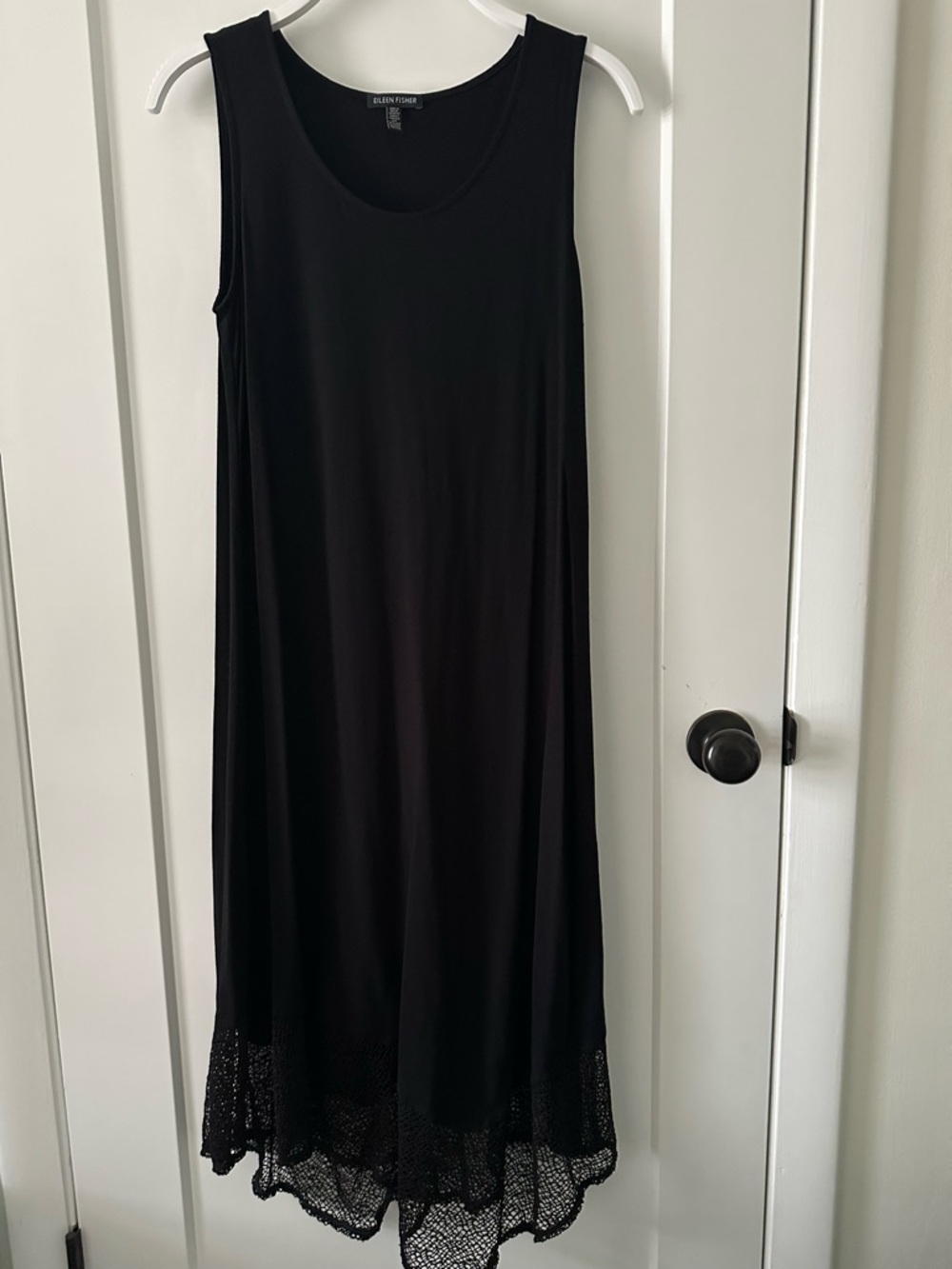 Eileen Fisher Women’s Black Sleeveless Midi Dress with Crochet Hem